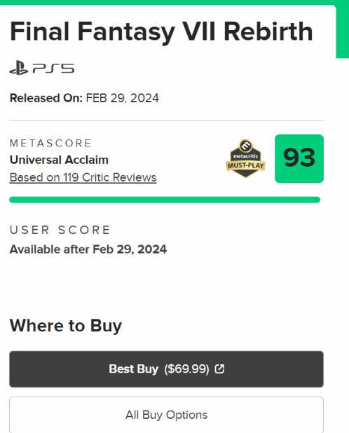 《最终幻想7：重生》斩获Metacritic 93分，系列史上最高评分